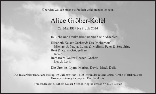 Traueranzeige von Alice Gröber-Kofel von AvU