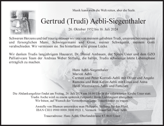 Traueranzeige von Gertrud Aebli-Siegenthaler von AvU