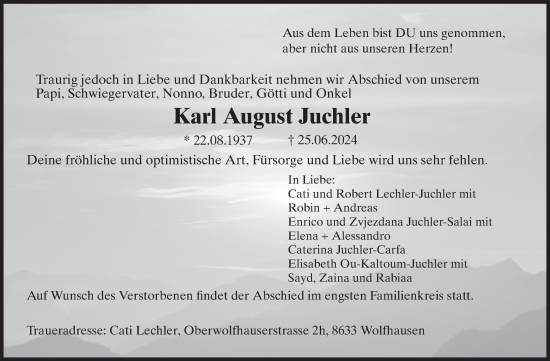 Traueranzeige von Karl August Juchler von AvU