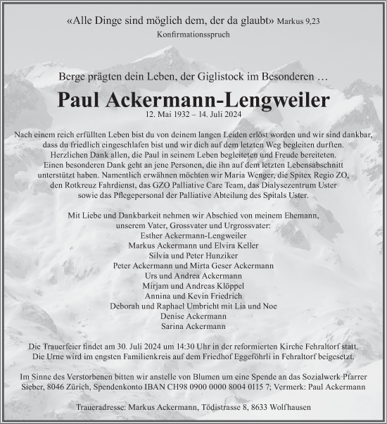 Traueranzeige von Paul Ackermann-Lengweiler von AvU