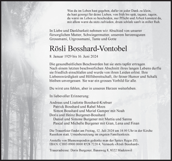 Traueranzeige von Rösli Bosshard-Vontobel von AvU