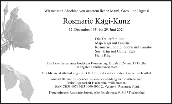Traueranzeige von Rosmarie Kägi-Kunz von AvU