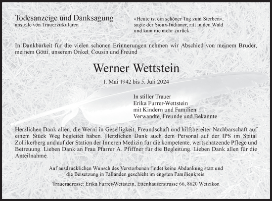 Traueranzeige von Werner Wettstein von VO solo