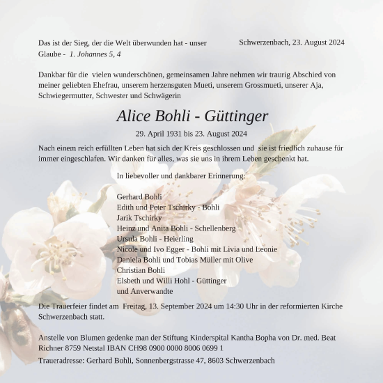 Traueranzeige von Alice Bohli-Güttinger von VO solo