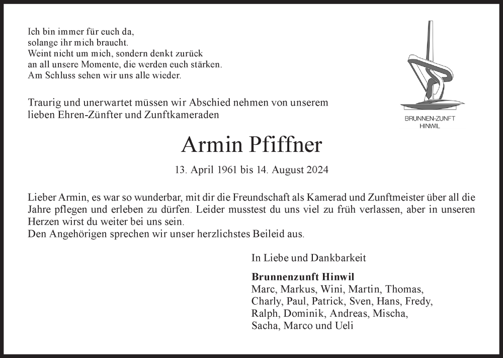  Traueranzeige für Armin Pfiffner vom 23.08.2024 aus AvU