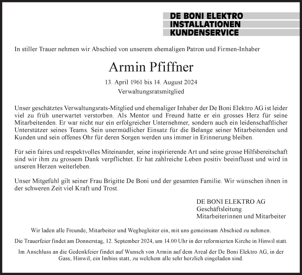  Traueranzeige für Armin Pfiffner vom 23.08.2024 aus AvU