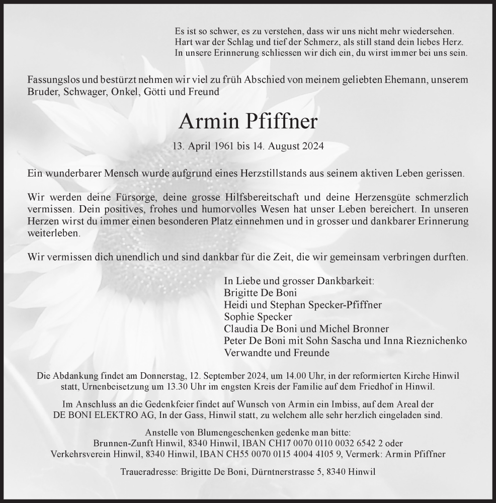  Traueranzeige für Armin Pfiffner vom 23.08.2024 aus AvU