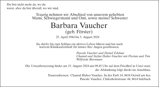 Traueranzeige von Barbara Vaucher von AvU