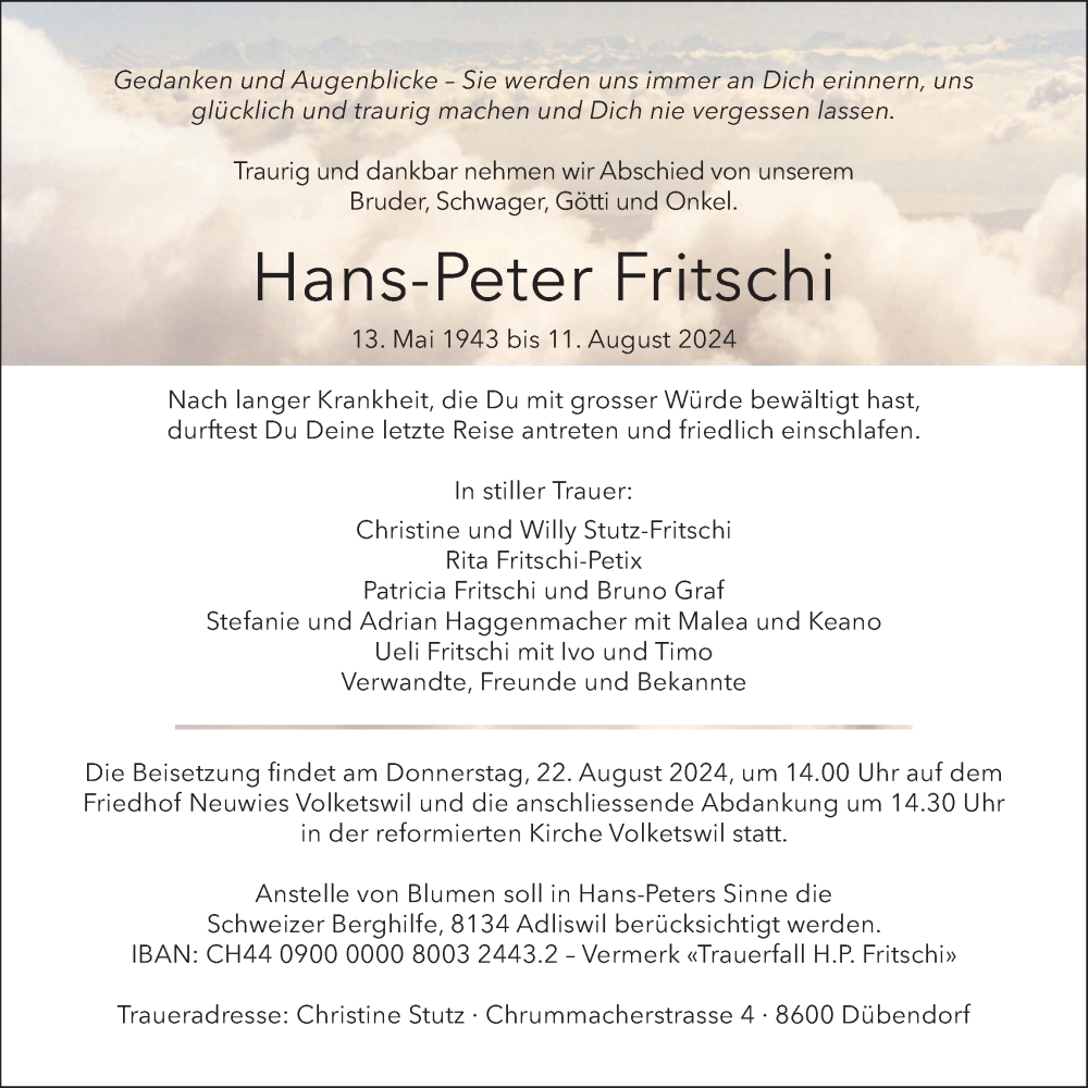  Traueranzeige für Hans-Peter Fritschi vom 16.08.2024 aus VO solo