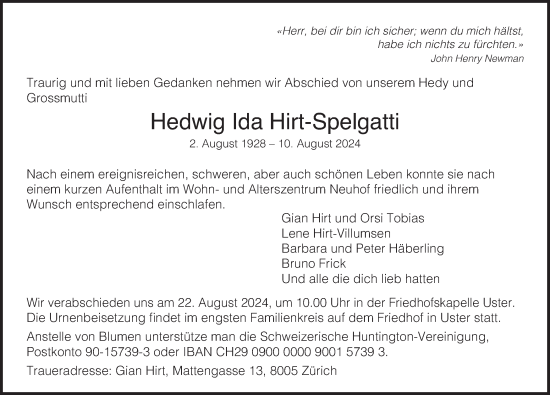 Traueranzeige von Hedwig Ida Hirt-Spelgatti von AvU