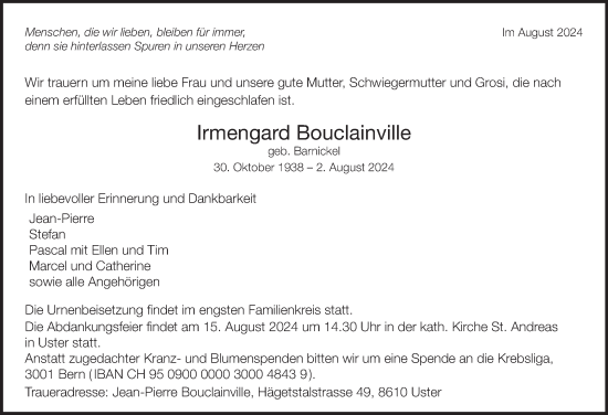 Traueranzeige von Irmengard Bouclainville von AvU