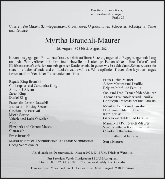 Traueranzeige von Myrtha Brauchli-Maurer von AvU