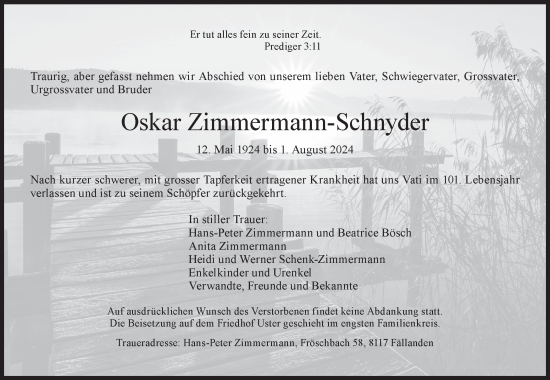 Traueranzeige von Oskar Zimmermann-Schnyder von AvU