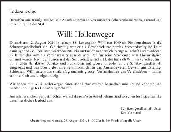 Traueranzeige von Willi Hollenweger von AvU