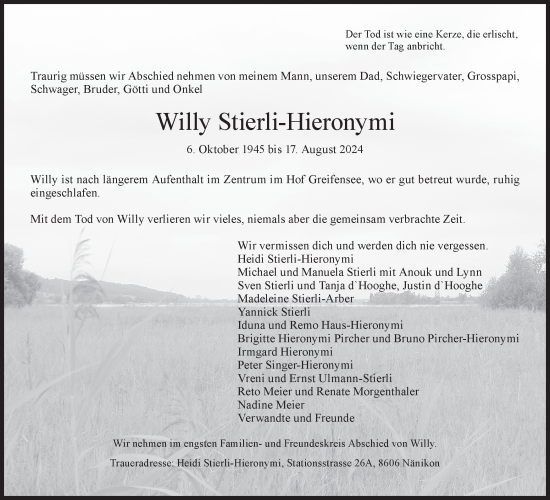 Traueranzeige von Willy Stierli-Hieronymi von AvU