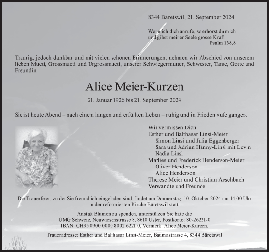 Traueranzeige von Alice Meier-Kurzen von AvU