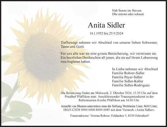 Traueranzeige von Anita Sidler von AvU