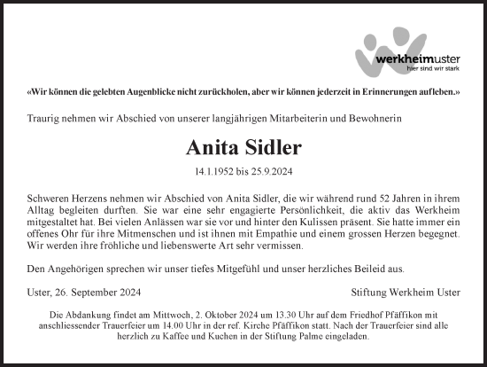 Traueranzeige von Anita Sidler von AvU