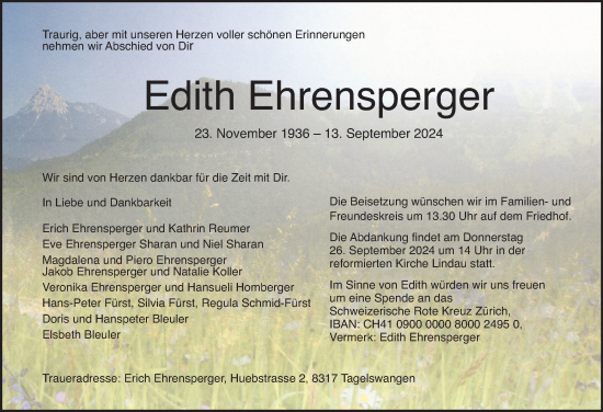 Traueranzeige von Edith Ehrensperger von AvU