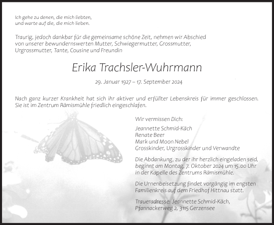 Traueranzeige von Erika Trachsler-Wuhrmann von AvU