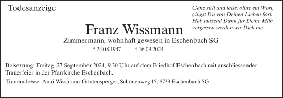 Traueranzeige von Franz Wissmann von AvU