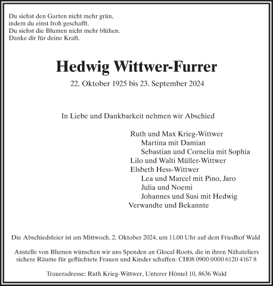 Traueranzeige von Hedwig Wittwer-Furrer von AvU