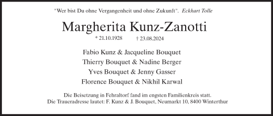 Traueranzeige von Margherita Kunz-Zanotti von AvU