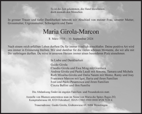 Traueranzeige von Maria Girola-Marcon von AvU