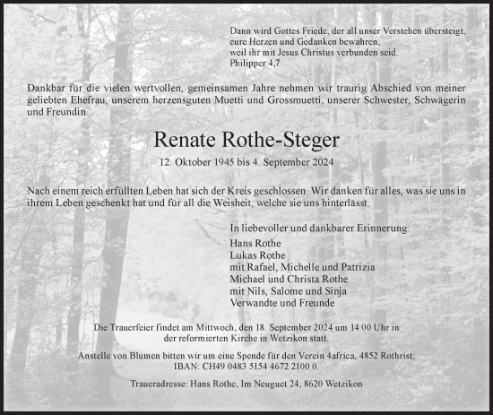 Traueranzeige von Renate Rothe-Steger von AvU