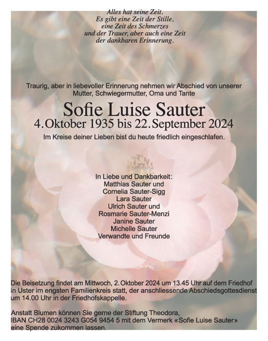 Traueranzeige von Sofie Luise Sauter von AvU