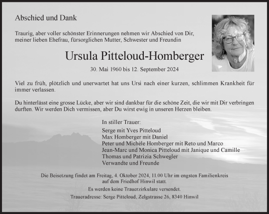 Traueranzeige von Ursula Pitteloud-Homberger von AvU