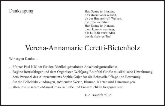 Traueranzeige von Verena-Annamarie Ceretti-Bietenholz von AvU