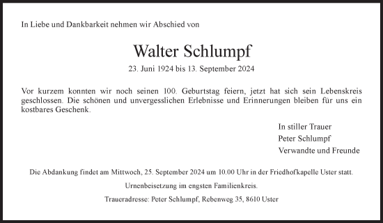 Traueranzeige von Walter Schlumpf von AvU