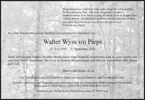 Traueranzeige von Walter Wyss Pieps von AvU