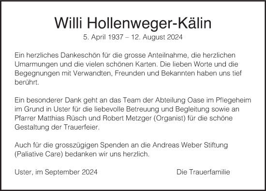 Traueranzeige von Willi Hollenweger-Kälin von AvU