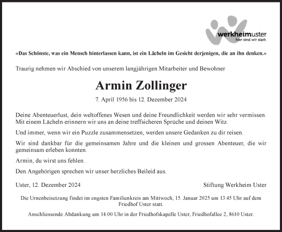 Traueranzeige von Armin Zollinger von AvU