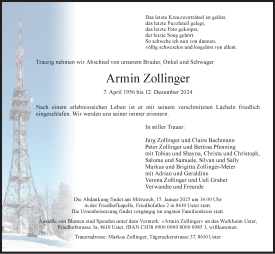 Traueranzeige von Armin Zollinger von AvU