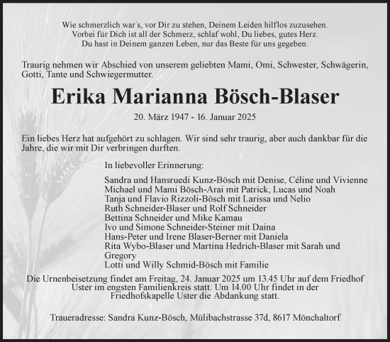 Traueranzeige von Erika Marianna Bösch-Blaser von AvU