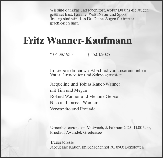 Traueranzeige von Fritz Wanner-Kaufmann von AvU