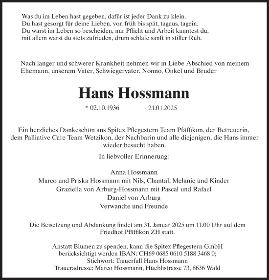 Traueranzeige von Hans Hossmann von AvU