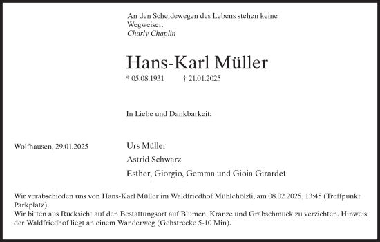 Traueranzeige von Hans-Karl Müller von AvU