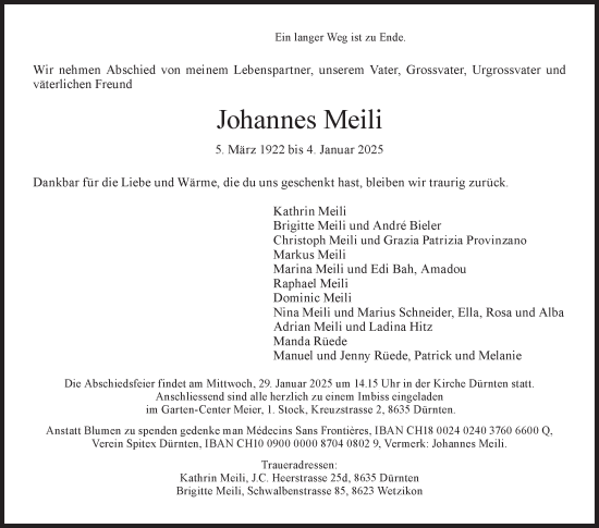 Traueranzeige von Johannes Meili von AvU