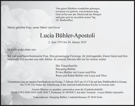 Traueranzeige von Lucia Bühler-Apostoli von AvU