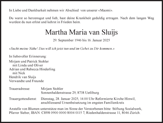 Traueranzeige von Martha Maria van Sluijs von AvU