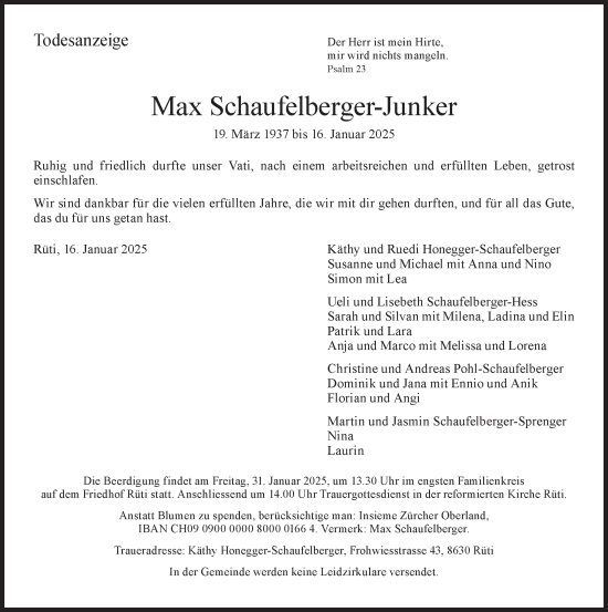 Traueranzeige von Max Schaufelberger-Junker von AvU