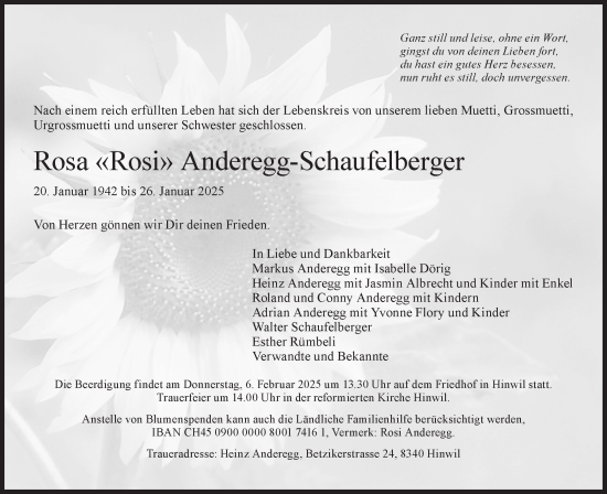 Traueranzeige von Rosa Anderegg-Schaufelberger von AvU